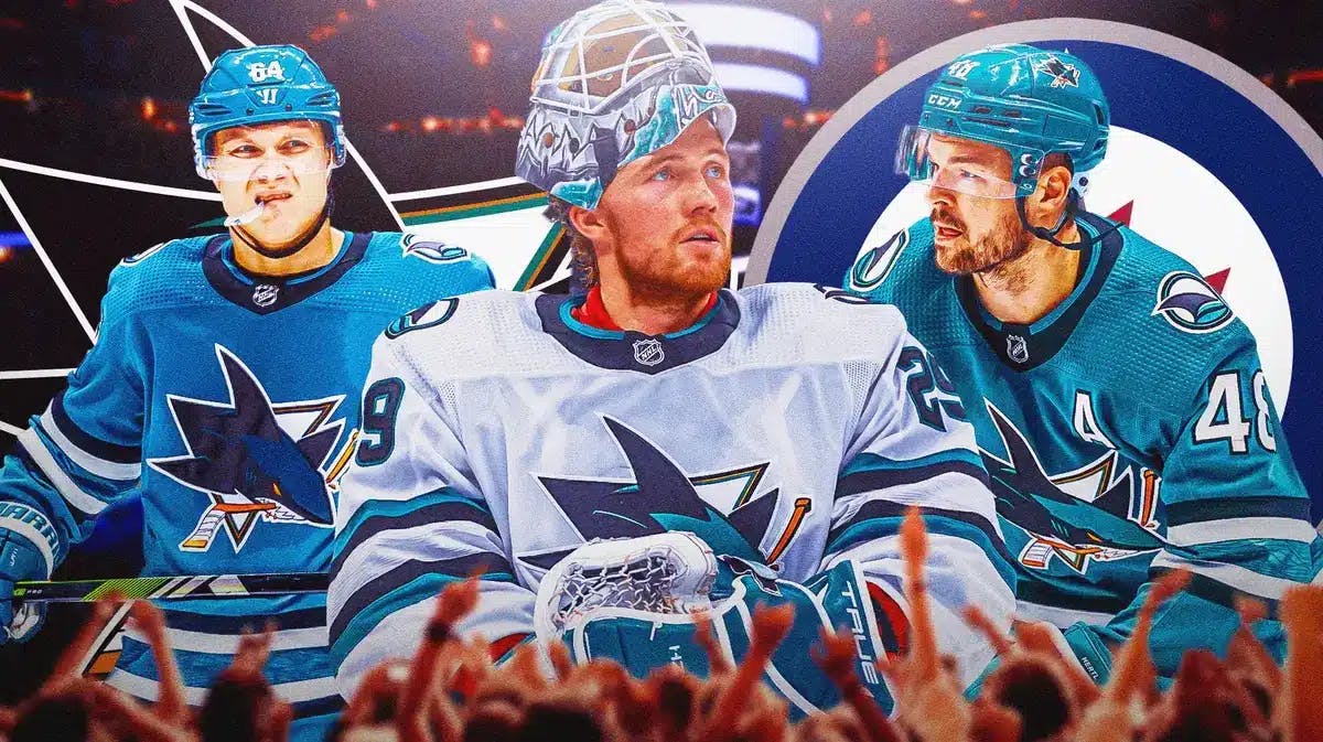 Tomas Hertl, Mikael Granlund and Mackenzie Blackwood all in image looking stern (Blackwood in middle), SJ Sharks and WIN Jets logos, hockey rink in background