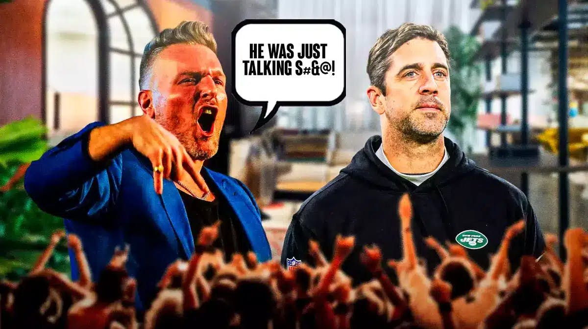 Pat McAfee and Aaron Rodgers. McAfee has a speech bubble, "He was just talking s#&@!"