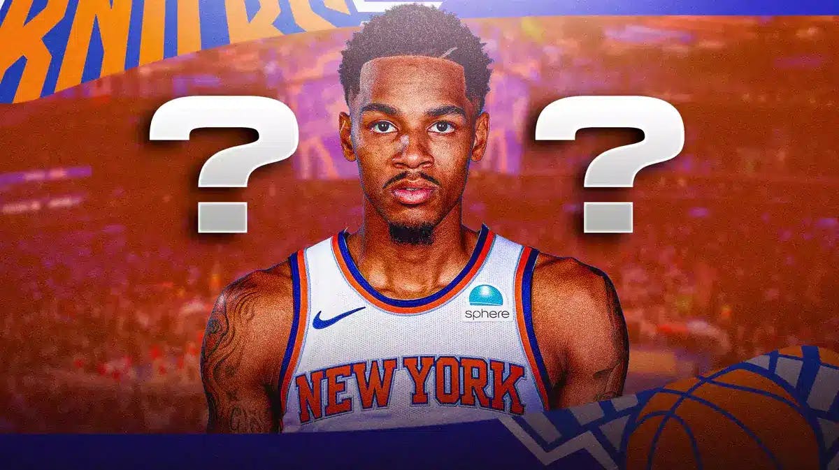 Question mark on left, question mark on right. In middle, Dejounte Murray in a New York Knicks jersey.