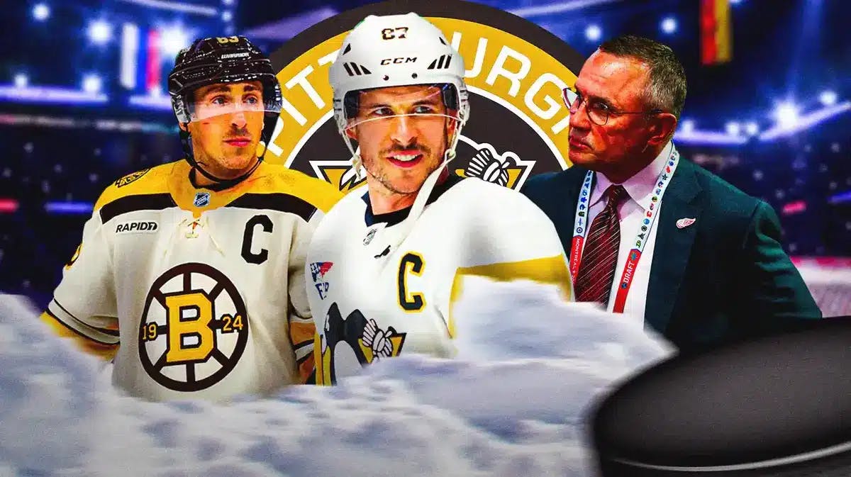 Sidney Crosby in middle looking happy, Brad marchand and Steve Yzerman on either side looking impressed, PIT Penguins logo, hockey rink in background