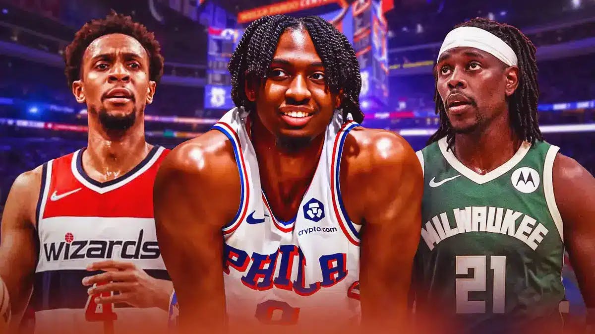 Sixers' Tyrese Maxey in front of Ish Smith and Jrue Holiday