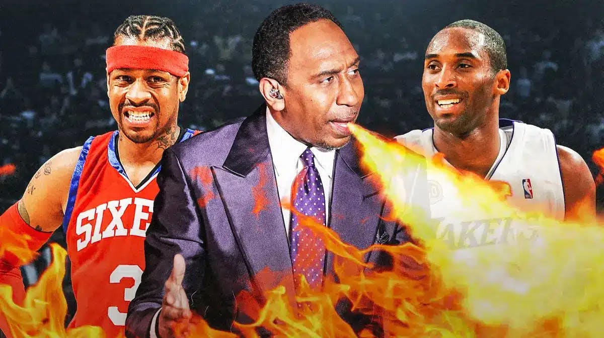 Angry Stephen A. Smith with fire coming out of his mouth in the middle of Allen Iverson and Kobe Bryant