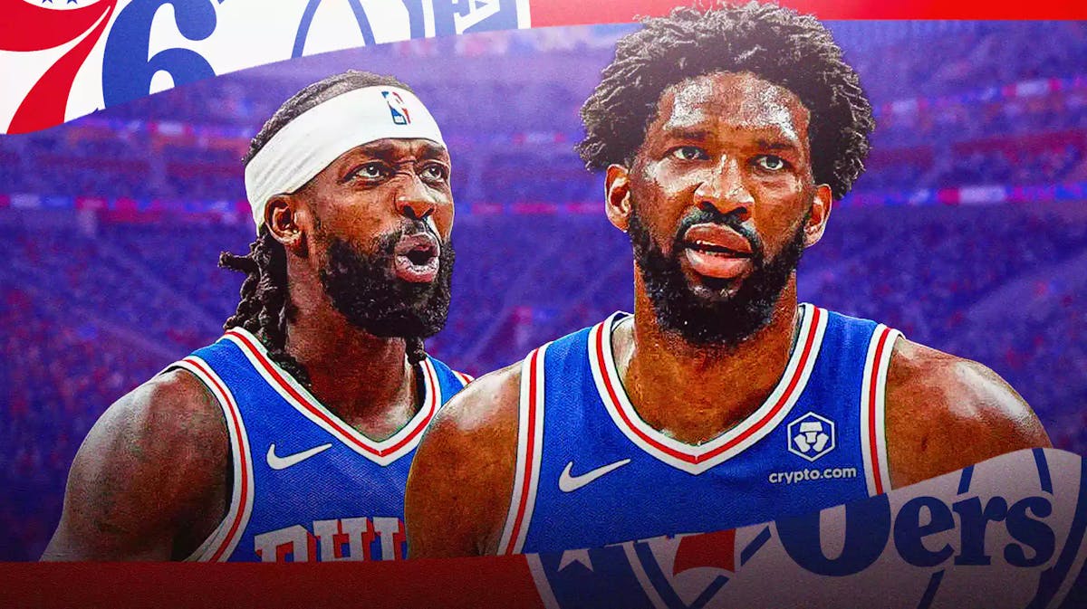 Patrick Beverley saying: 'The best,' alongside Joel Embiid with the Sixers arena in the background