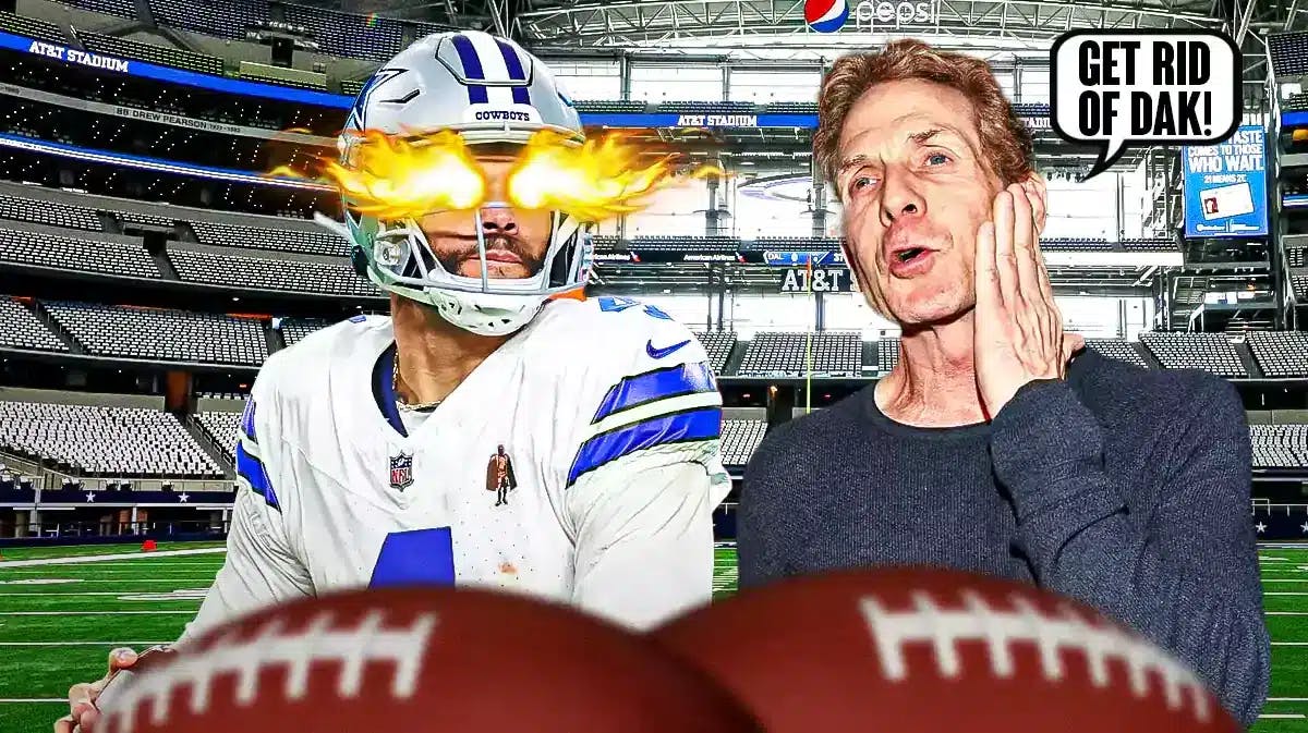 Photo: Skip Bayless yelling “Get rid of Dak!”, have Dak Prescott looking pissed with fire in his eyes in Cowboys jersey beside Skip