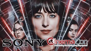 Madame Web poster as background; Sony and CinemaCon logos