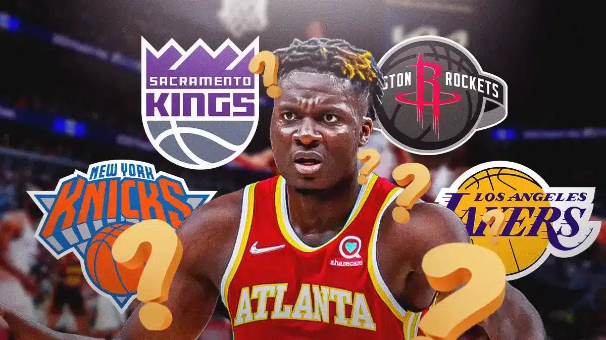 Hawks' Clint Capela with Kings, Rockets, Knicks, and Lakers logos around him