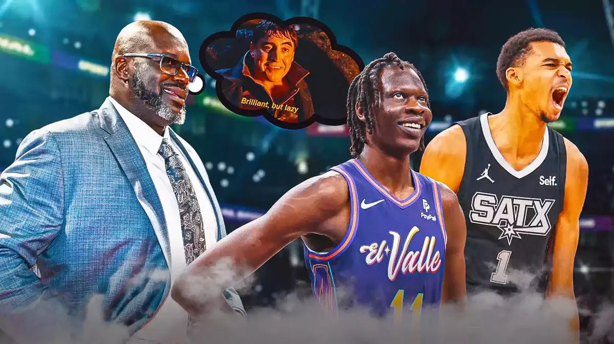 Shaquille O’Neal smiling, with thought bubble on O’Neal containing image of Brilliant But Lazy from Spider-Man 2, with Suns' Bol Bol and Spurs' Victor Wembanyama hyped up