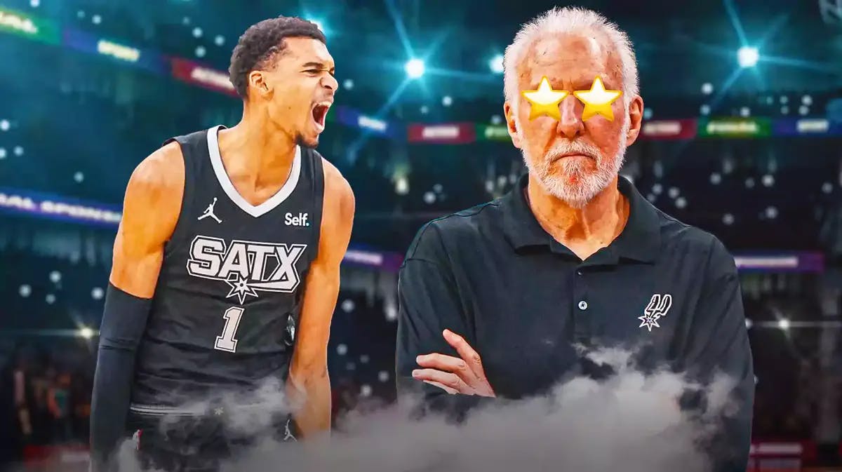 Gregg Popovich with star in his eyes. Victor Wembanyama in the background looking hyped
