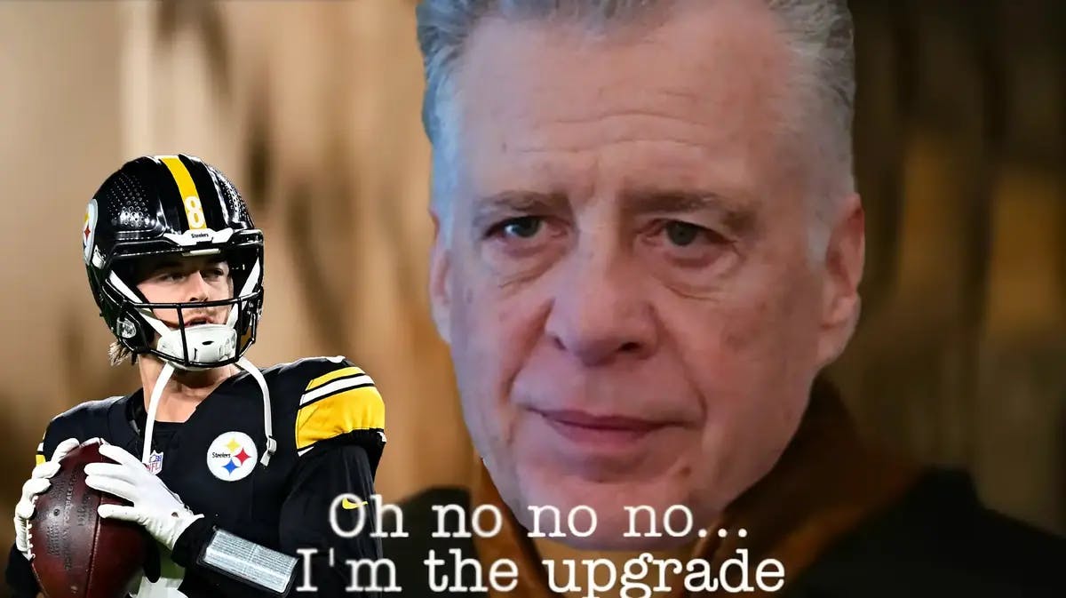Steelers owner Art Rooney II looking serious, with the upgrade meme beside him while Kenny Pickett is looking on