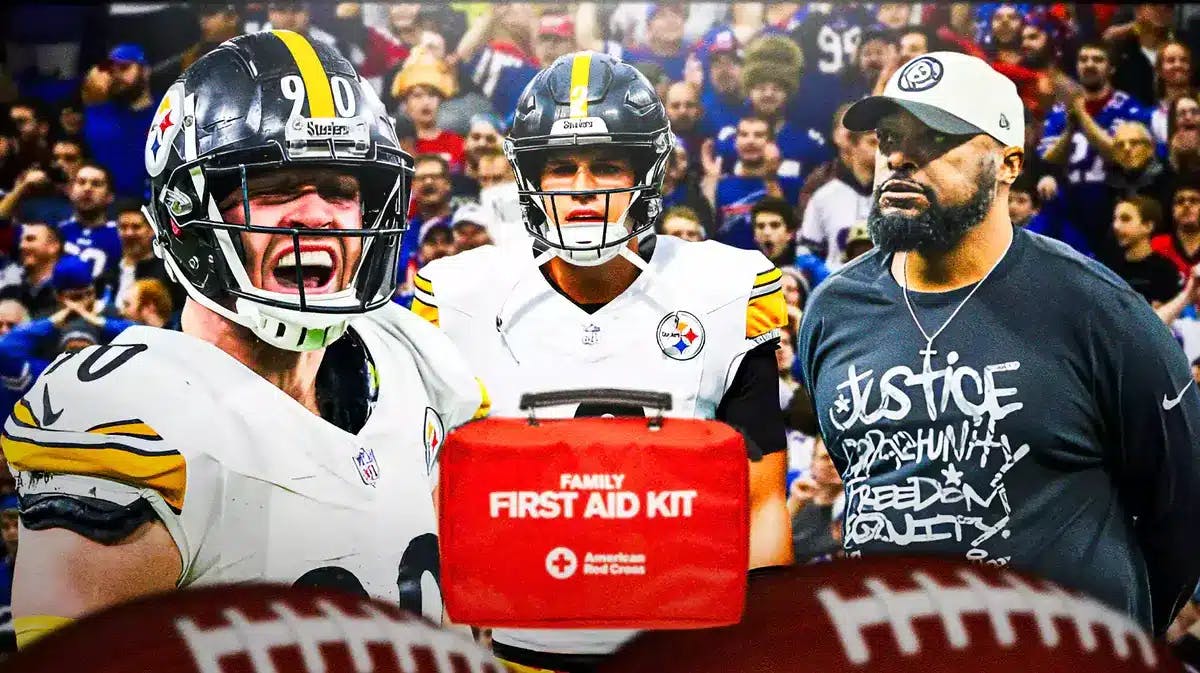 Photo: TJ Watt and Mike Tomlin in Steelers gear with Bills fans in the back and med kits around