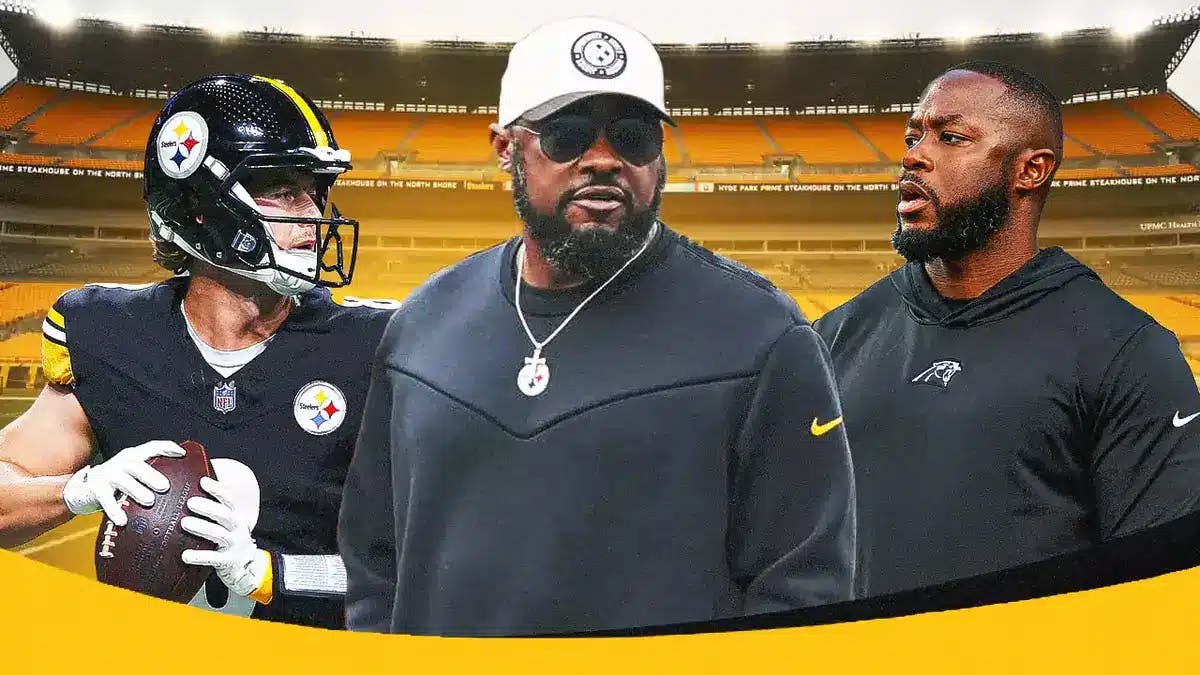 Pittsburgh Steelers coach Mike Tomlin in middle of image, Steelers QB Kenny Pickett on image left, and on image right Carolina Panthers offensive coordinator Thomas Brown. Steelers background too please.