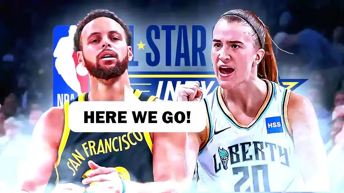 Steph Curry next to Sabrina Ionescu. NBA All-Star 2024 logo in the background.