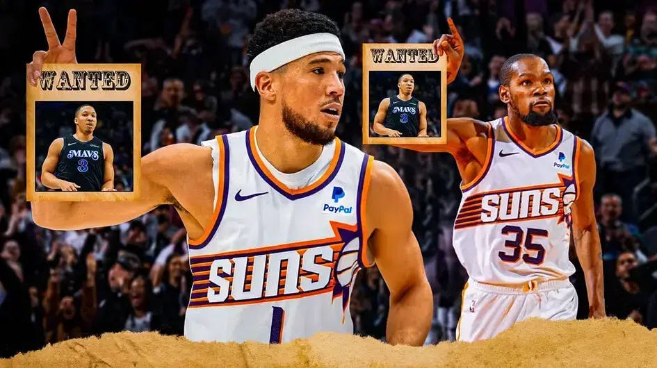 Suns' Devin Booker and Kevin Durant holding a wanted poster with Mavericks' Grant Williams on it