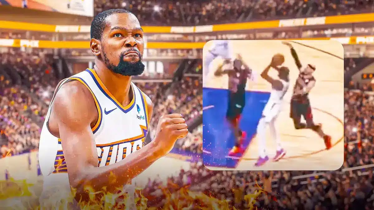 Suns' Kevin Durant hyped up, with a screenshot of his game-winner on the side