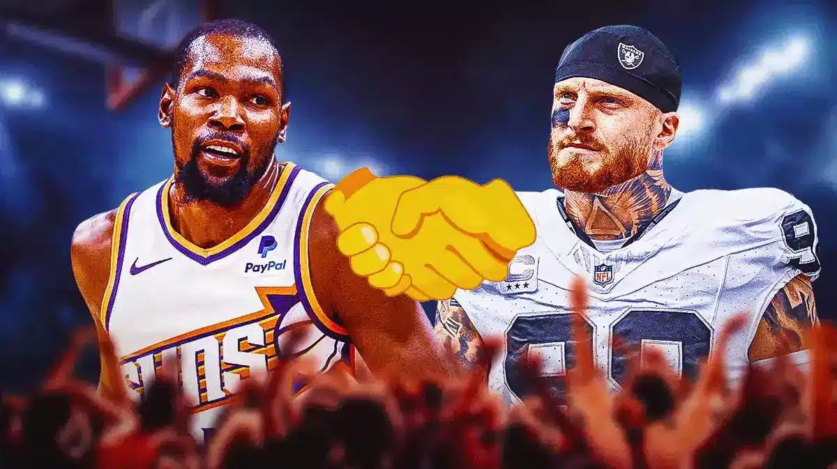 Phoenix Suns' Kevin Durant beside Raiders' Maxx Crosby. Handshake emoji in the middle