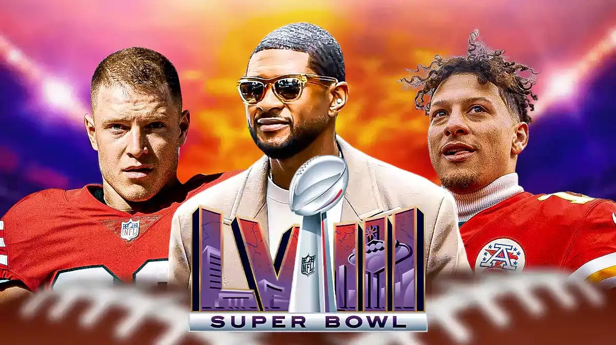 Usher in the middle. On one side of him is Patrick Mahomes. On the other side is Christian McCaffrey. Super Bowl LVIII logo at the bottom.