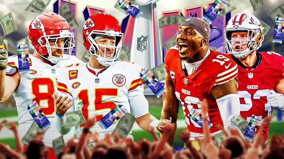 Patrick Mahomes, Travis Kelce on one side Christian McCaffrey, Deebo Samuel on the other side. Super Bowl LVIII logo at the bottom. Tickets and cash all over the graphic.
