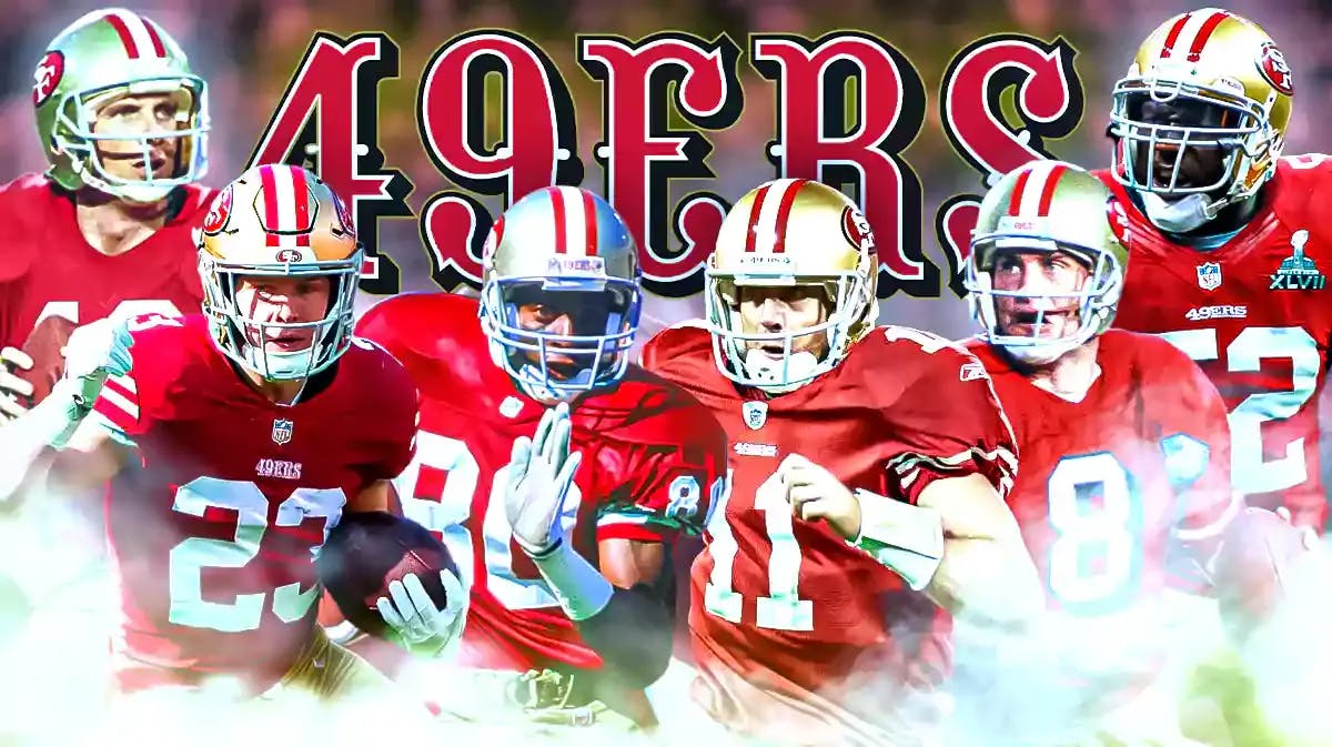 Joe Montana, Christian McCaffrey, Jerry Rice, Steve Young, Alex Smith, Patrick Willis all together in 49ers gear/jerseys. 49ers logo in background