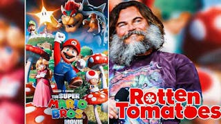The Super Mario Bros. Movie poster with Jack Black and Rotten Tomatoes logo.