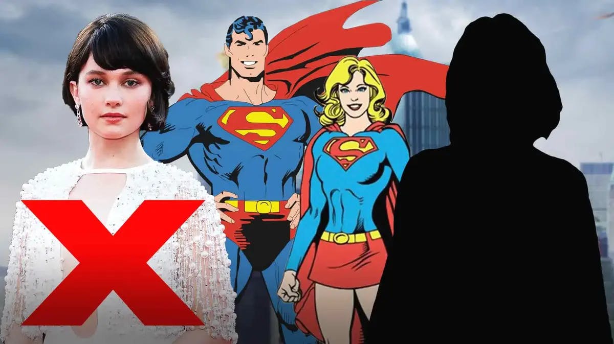 Superman and Supergirl with Cailee Spaeny crossed out and Milly Alcock as a silhouette.