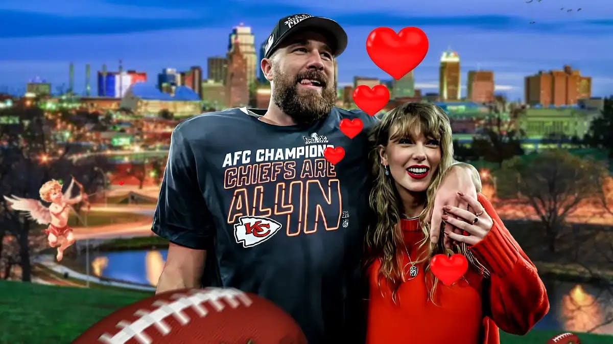 Taylor Swift and Travis Kelce with hearts and a football