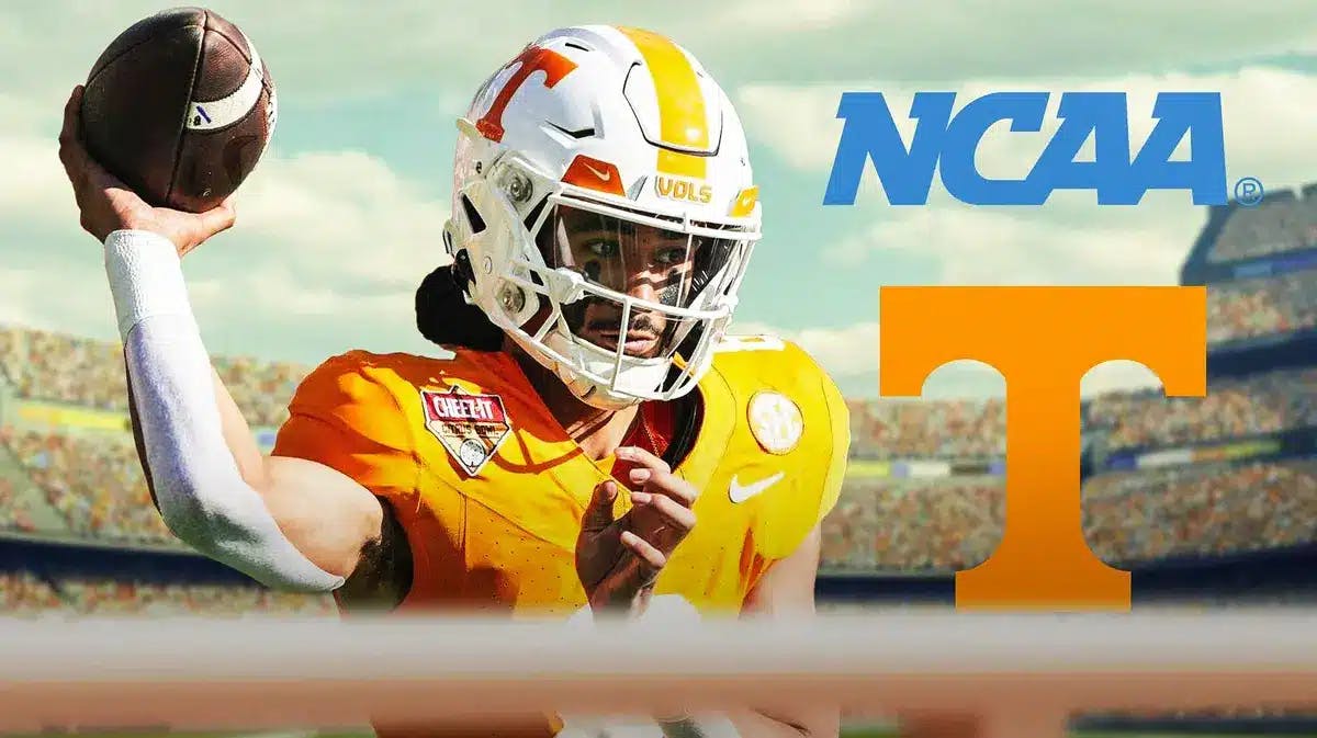 Tennessee football's Nico Iamaleava stands in front of NCAA logo amid NIL allegations, Donde Plowman provides a statement out of frame