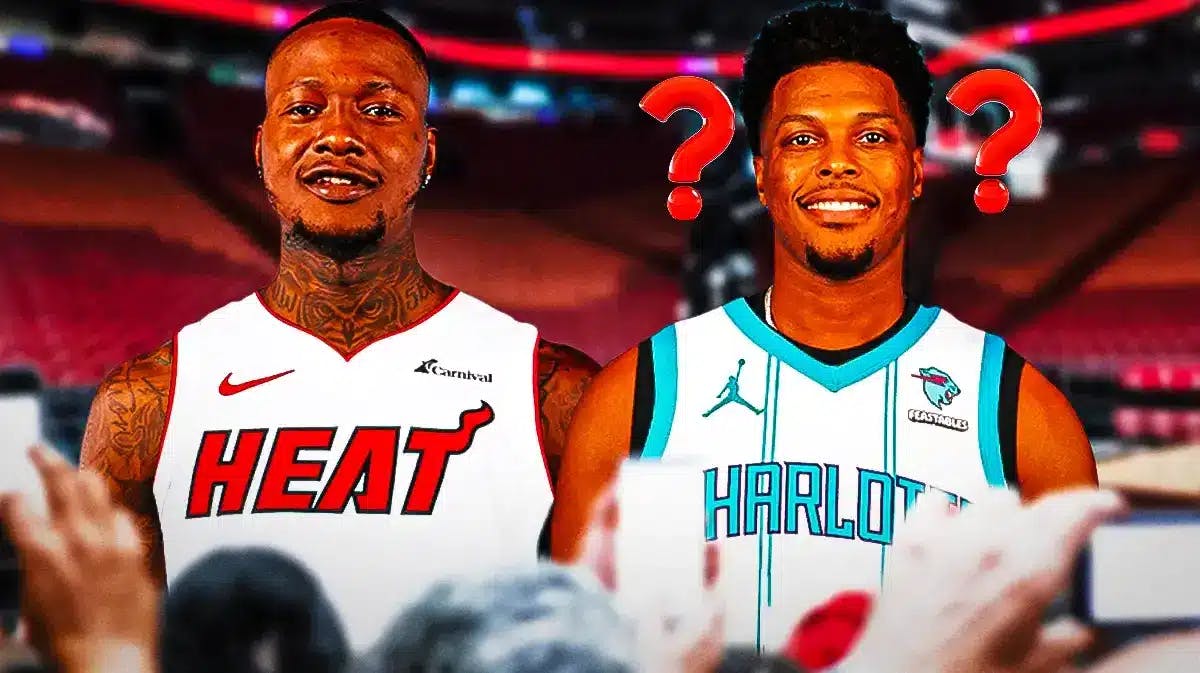 Terry Rozier in Heat uniform next to Kyle Lowry in Hornets uniform with question marks