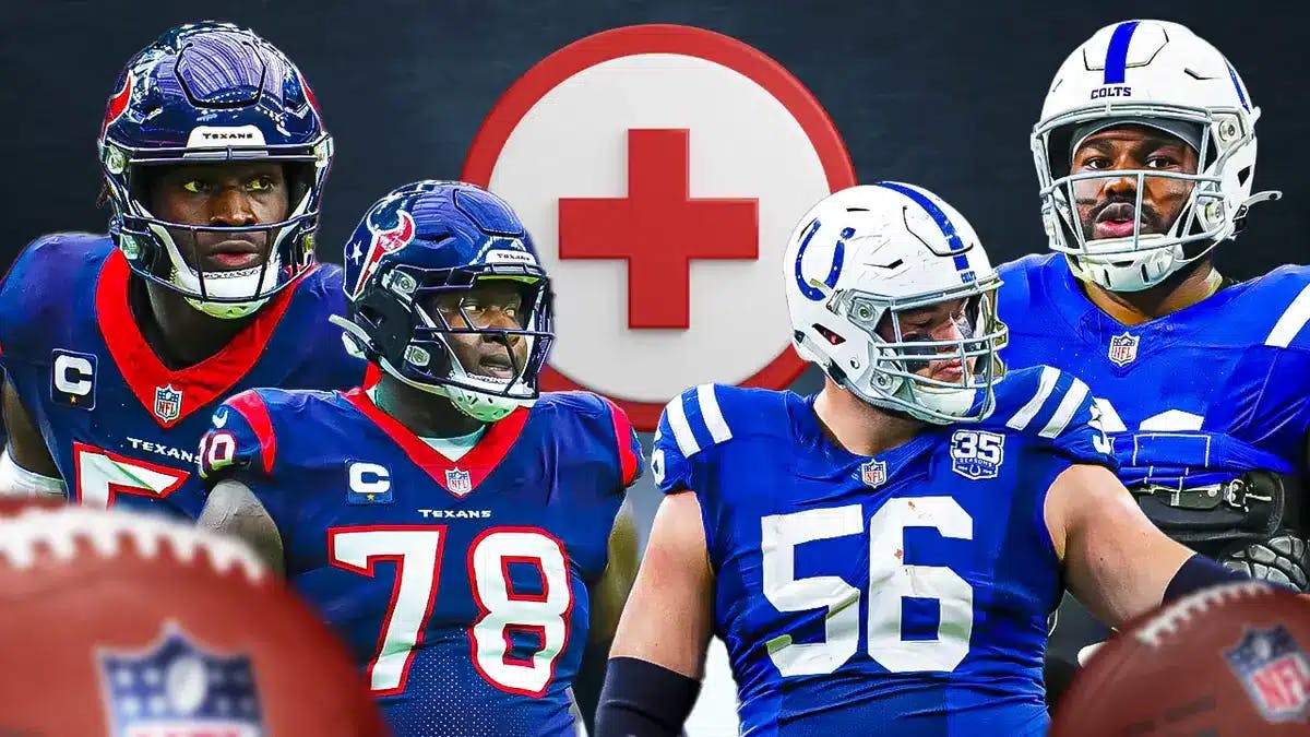 Houston Texans' Will Anderson Jr. and Laremy Tunsil on one side of image, Indianapolis Colts' Zack Moss and Quenton Nelson on the other, with a medical cross image/logo in the middle of the image to signify they are all hurt.