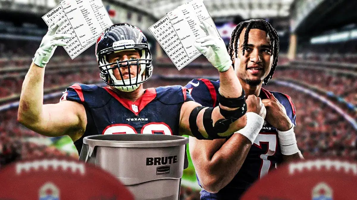 JJ Watt angry while throwing numbers and math formulas into a trash can, with Texans' CJ Stroud smiling at Watt