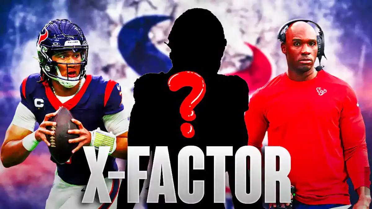 CJ Stroud in the middle, Coach DeMeco Ryans on one side, Derek Stingley Jr on the other side with a tear emoji 💧, and Houston Texans wallpaper in the background.
