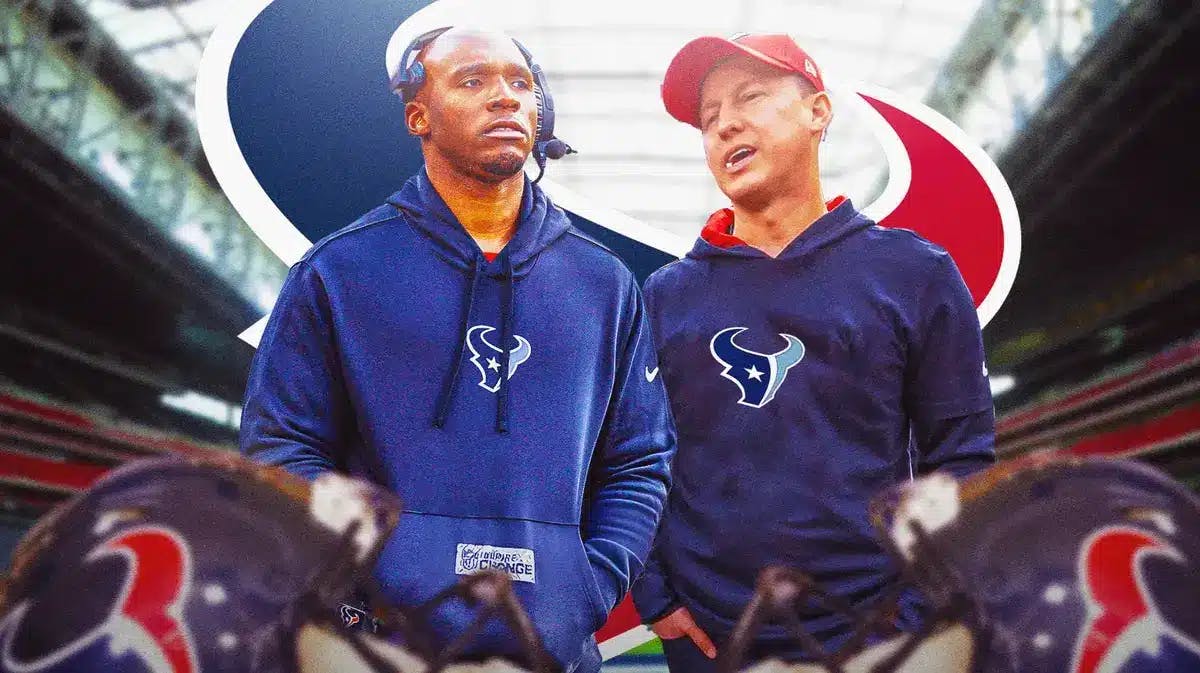 Photo: DeMeco Ryans and Bobby Slowik in Texans gear with Texans logo behind them