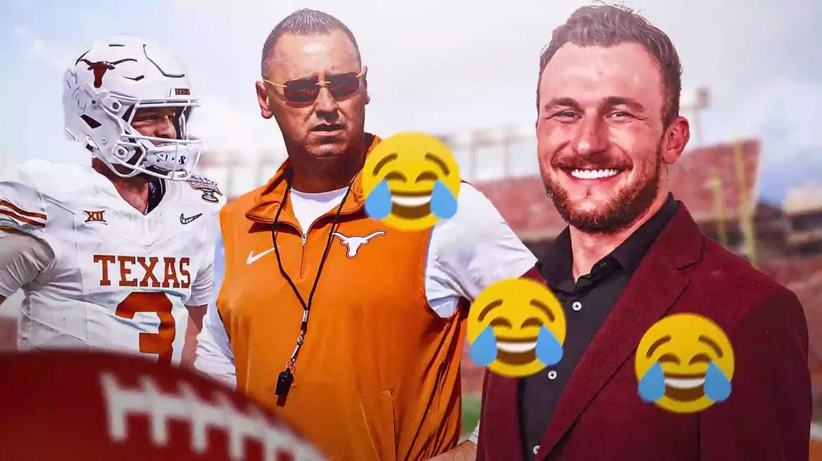 Photo: Johnny Manziel laughing with laughing emojis around him, Steve Sarkisian, Quinn Ewers beside him in Texas football jerseys looking serious