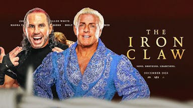 Matt Hardy next to Ric Flair with The Iron Claw poster as the background.