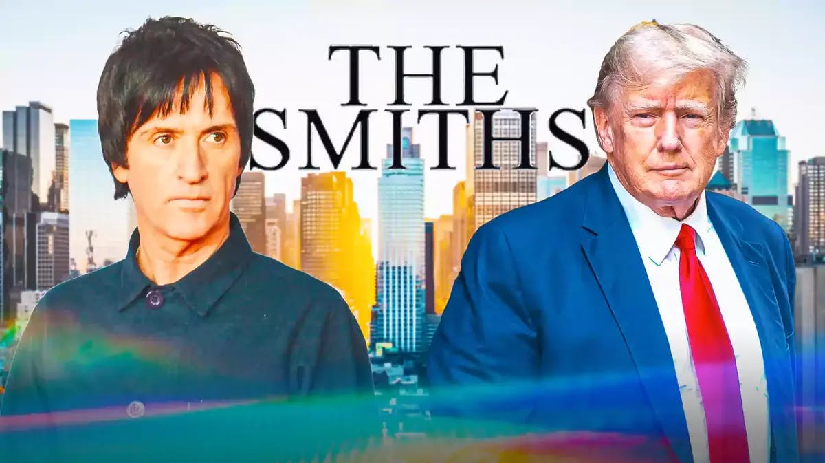 The Smiths' Johnny Marr and Donald Trump, with The Smiths logo in the background
