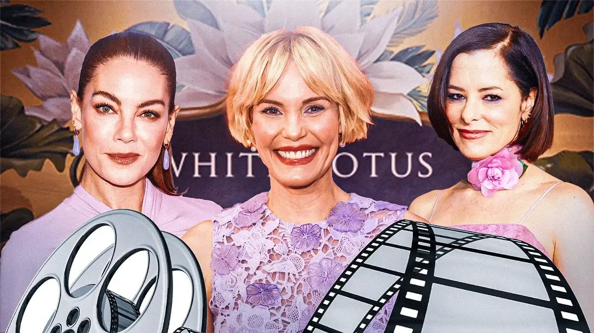 The White Lotus logo and Michelle Monaghan, Leslie Bibb, and Parker Posey.