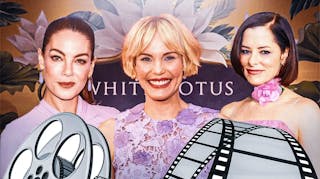 The White Lotus logo and Michelle Monaghan, Leslie Bibb, and Parker Posey.