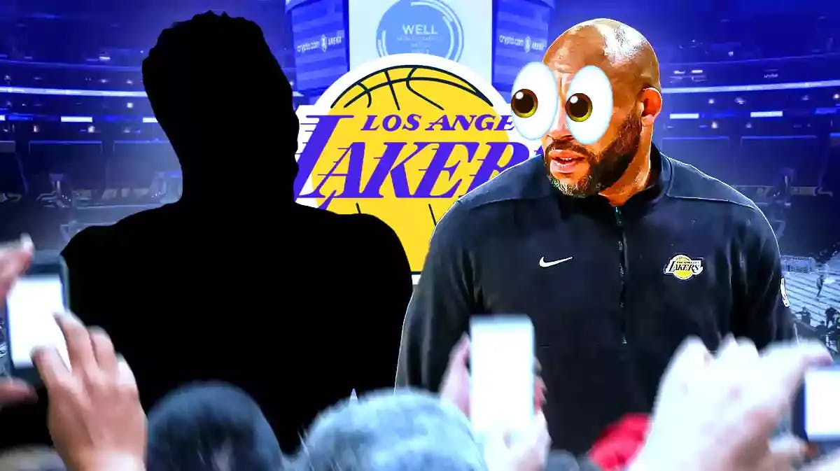 Lakers Darvin Ham with eye emojis in his eyes looking at a mystery NBA player