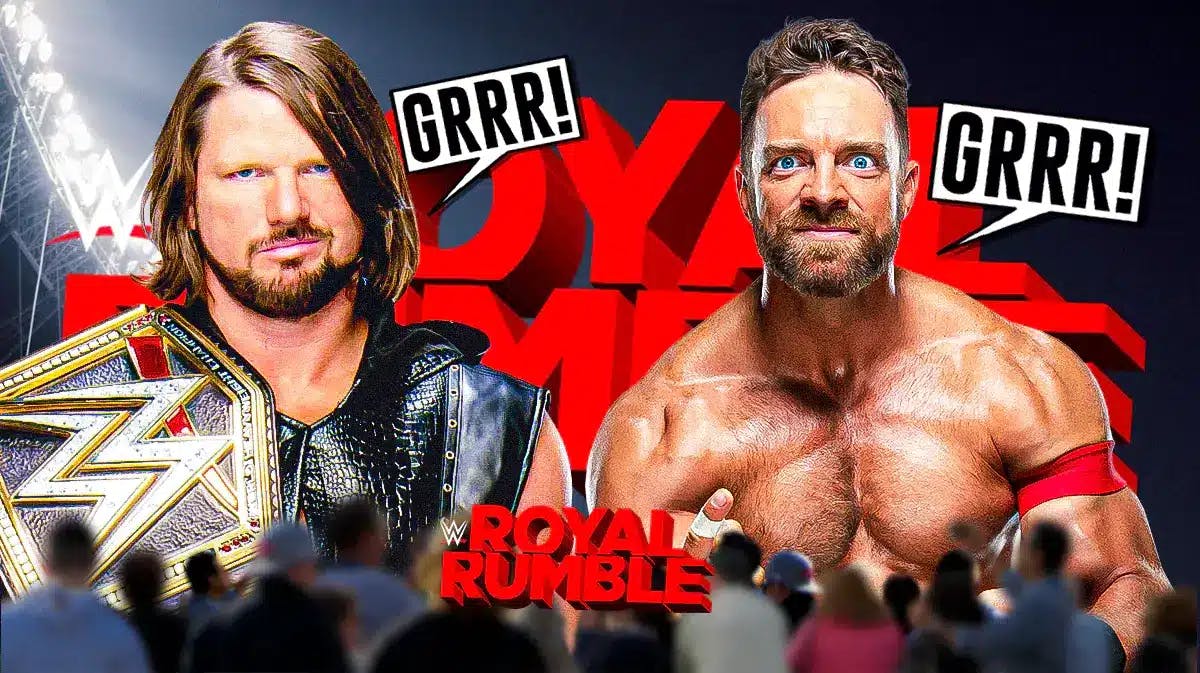 AJ Styles with a text bubble reading “Grrr!” next to LA Knight with a text bubble reading “Grrr!” with the Royal Rumble logo as the background.