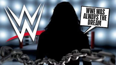 The blacked-out silhouette of Joey Janila with a text bubble reading “WWE was always the dream” with the WWE logo as the background.