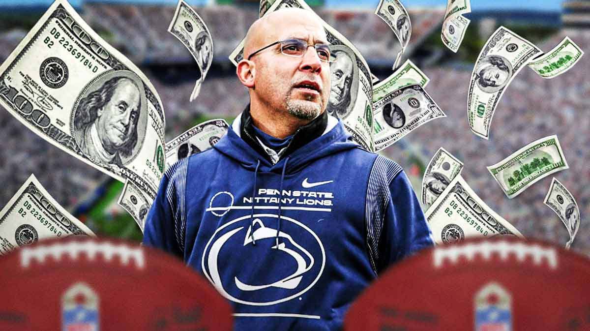 Photo: James Franklin with Penn State logo behind him and money flying all around