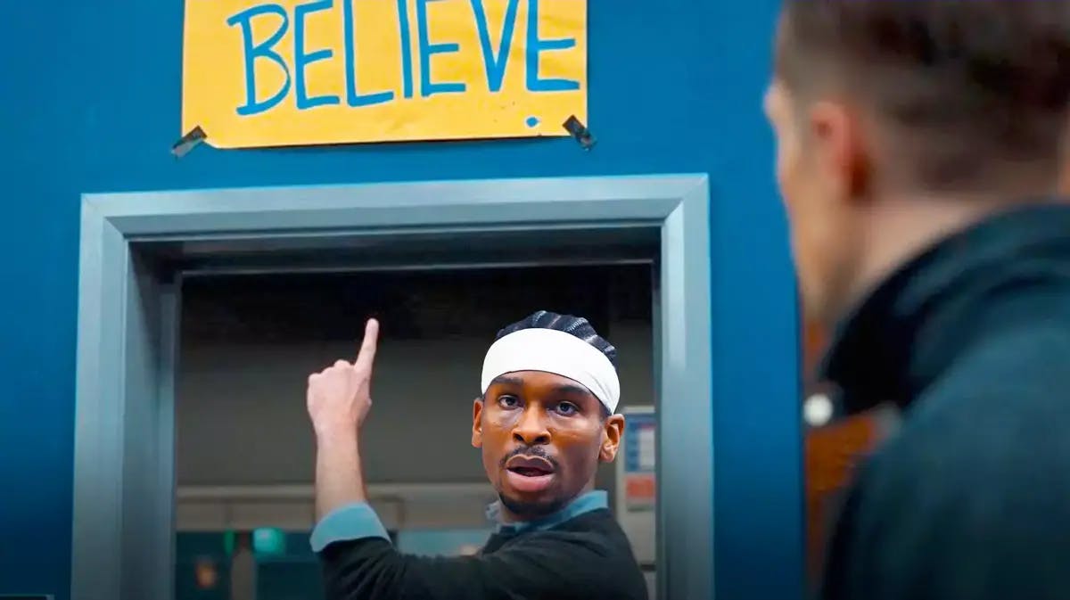 Thunder’s Shai Gilgeous-Alexander as Ted Lasso pointing to the BELIEVE sign