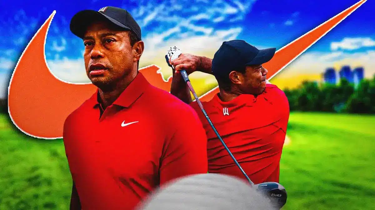 Tiger Woods with a broken Nike logo in the background