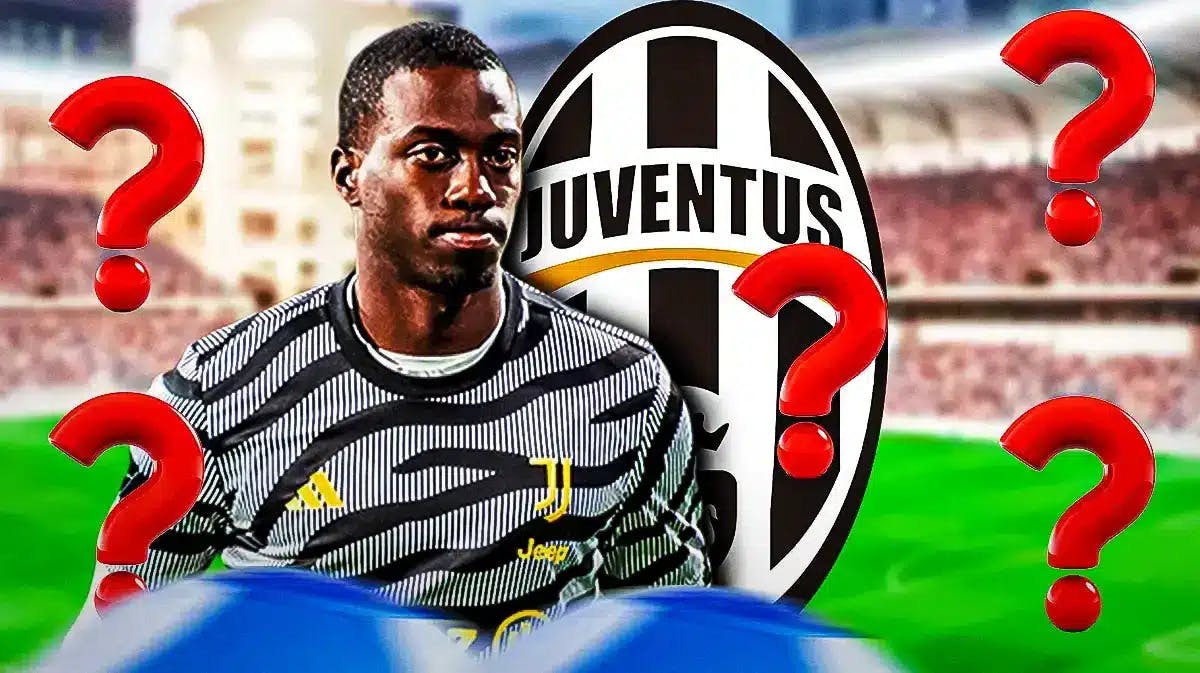 Tim Weah in front of the Juventus logo, questionmarks around him