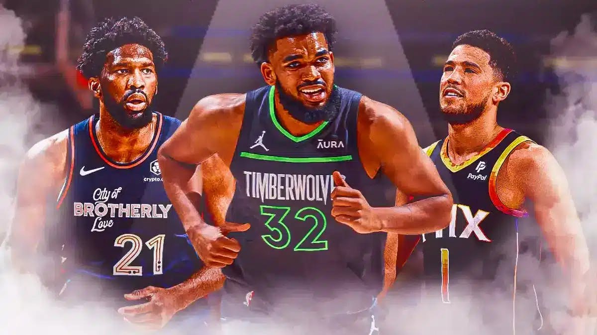 Thumbnail: KAT celebrating in spotlight in Timberwolves jersey, Devin Booker and Joel Embiid next to him. Thanks!