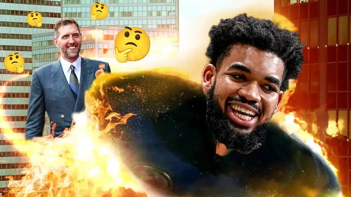 Timberwolves' Karl-Anthony Towns as the Human Torch, with Mavericks' Dirk Nowitzki smiling, with thinking emojis all over Dirk