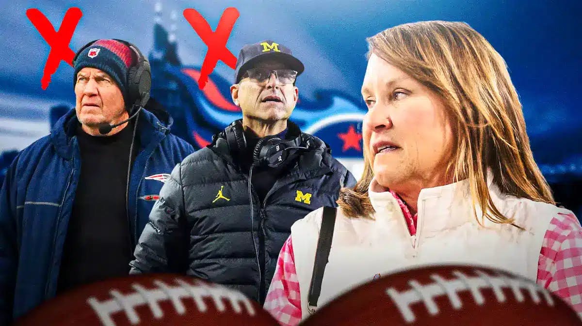 Titans owner Amy Adams Strunk and rumored candidates to replace head coach Mike Vrabel, Bill Belichick and Jim Harbaugh