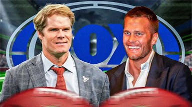 Photo: Tom Brady and Greg Olsen in suits, with FOX Sports logo behind them