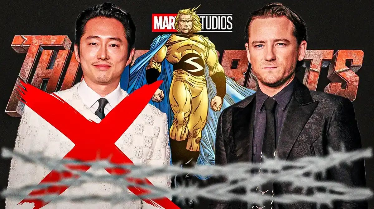 Steven Yeun crossed out next to Top Gun: Maverick star Lewis Pullman in front of MCU Thunderbolts logo with Sentry from Marvel comics.