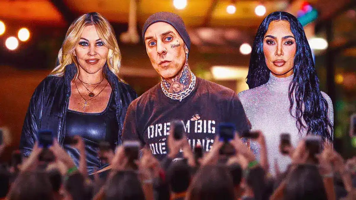 Shanna Moakler, Travis Barker and Kim Kardashian with crowd in front of him