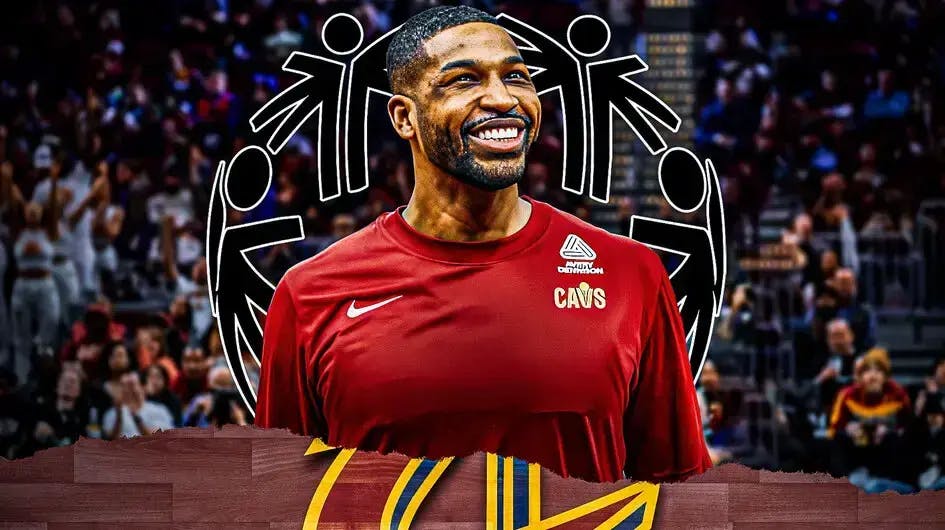 Cavs big man Tristan Thompson with Special Olympics logo at the back